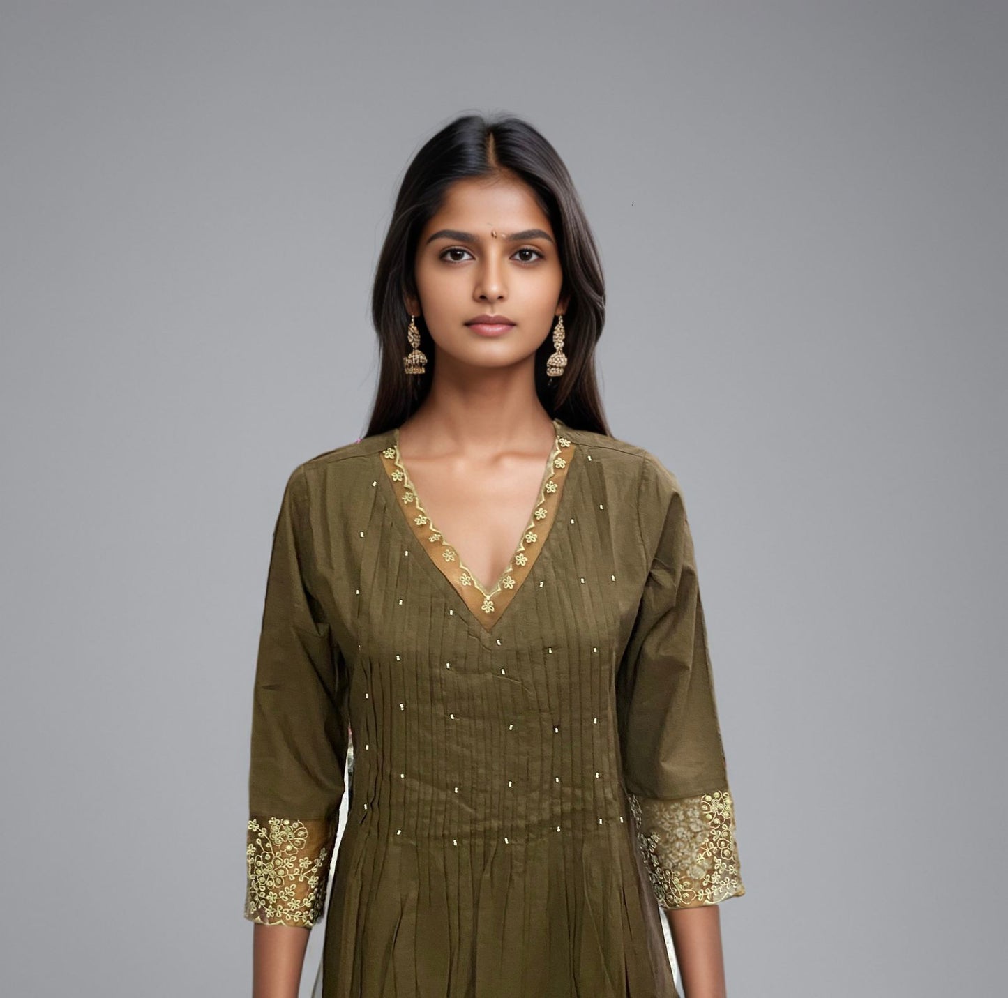 Olive Green Kurta with dupatta for Women – Embroidered Flared Kurti with Pants | Festive & Party Wear