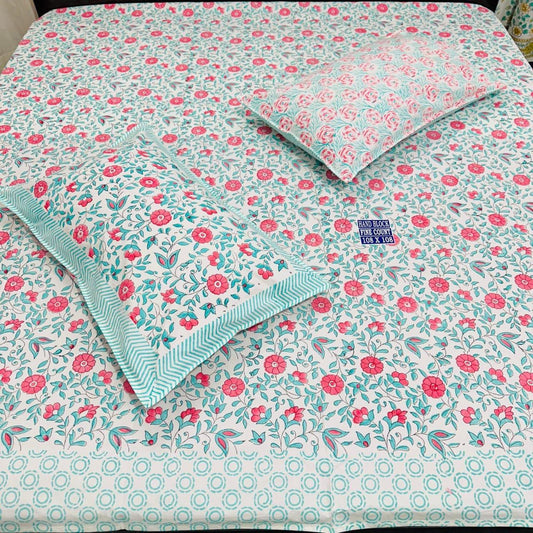 Elegant Handblock Print Bedsheet – Floral Leaf Motif, Fine Cotton