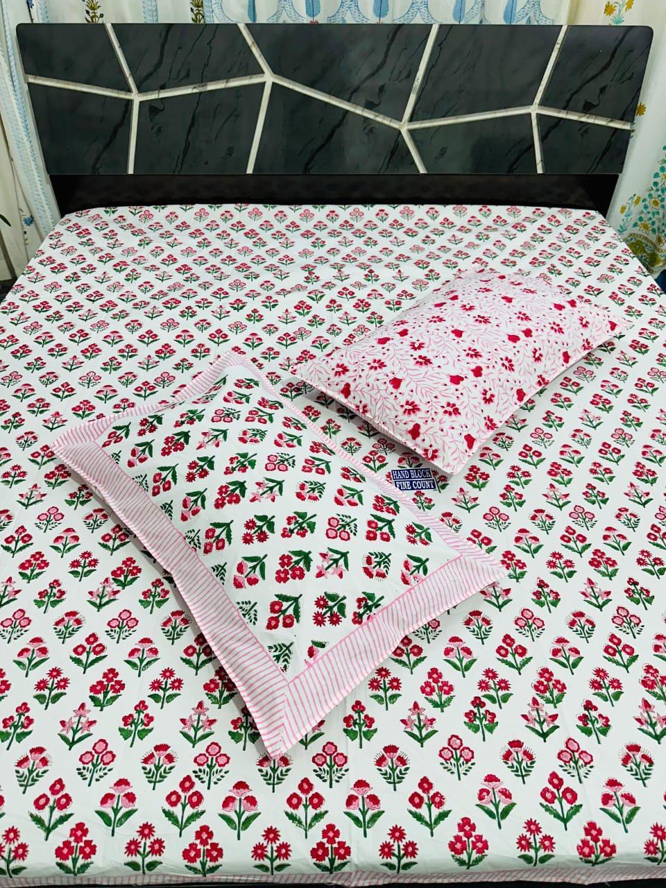 Elegant Double Bedsheet – Fine Count Handblock Print with Floral Motif