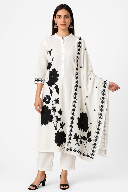 White Khadi Cotton Kurta Set with Black Handblock Floral Print