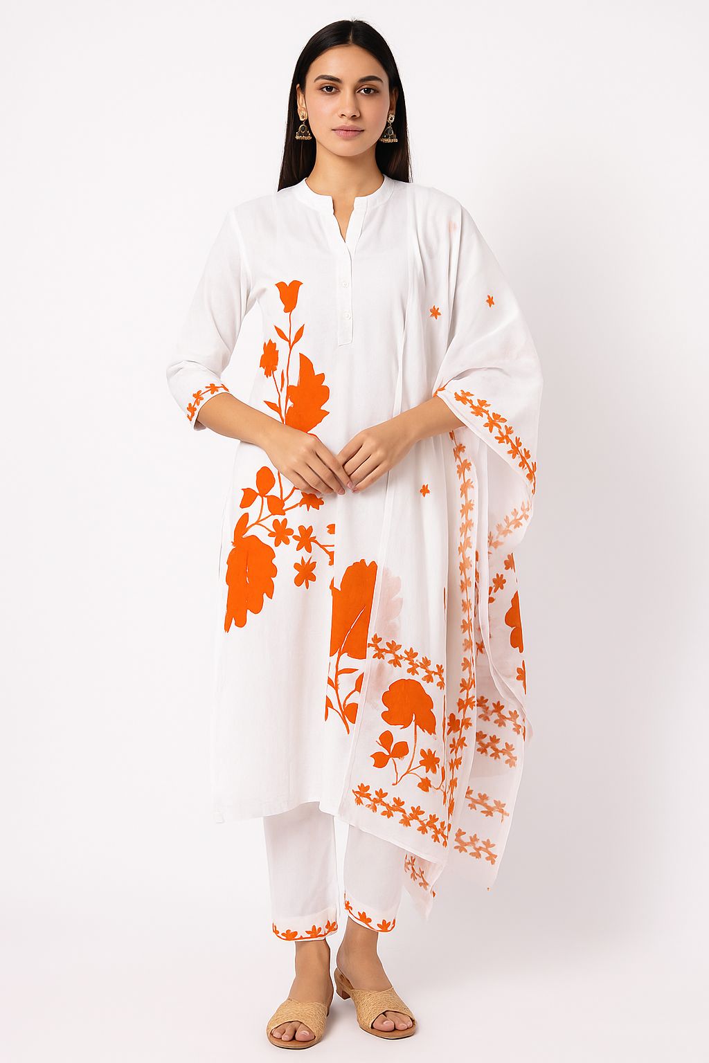 White Cotton Kurta Set with Bright Orange Handblock Floral Print – Ethnic Summer Wear by Natural Fab