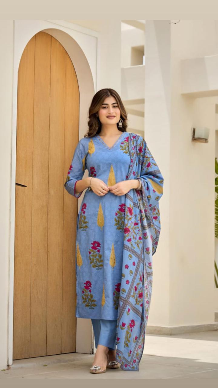 Elegant Blue Floral Printed Cotton Kurta Set for Women | Soft Summer Ethnic Wear | Festive & Casual Suit with Dupatta