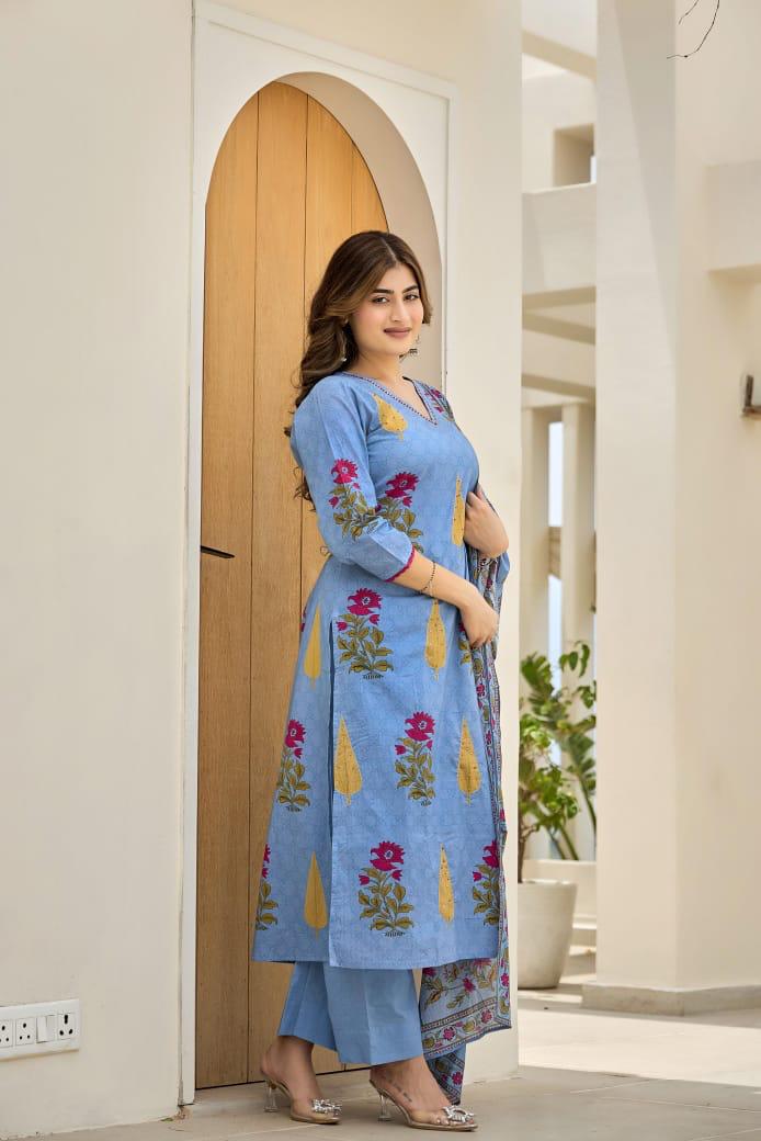 Elegant Blue Floral Printed Cotton Kurta Set for Women | Soft Summer Ethnic Wear | Festive & Casual Suit with Dupatta