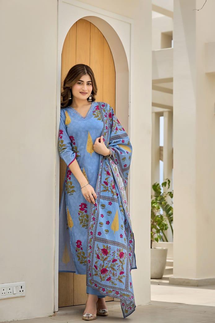Elegant Blue Floral Printed Cotton Kurta Set for Women | Soft Summer Ethnic Wear | Festive & Casual Suit with Dupatta