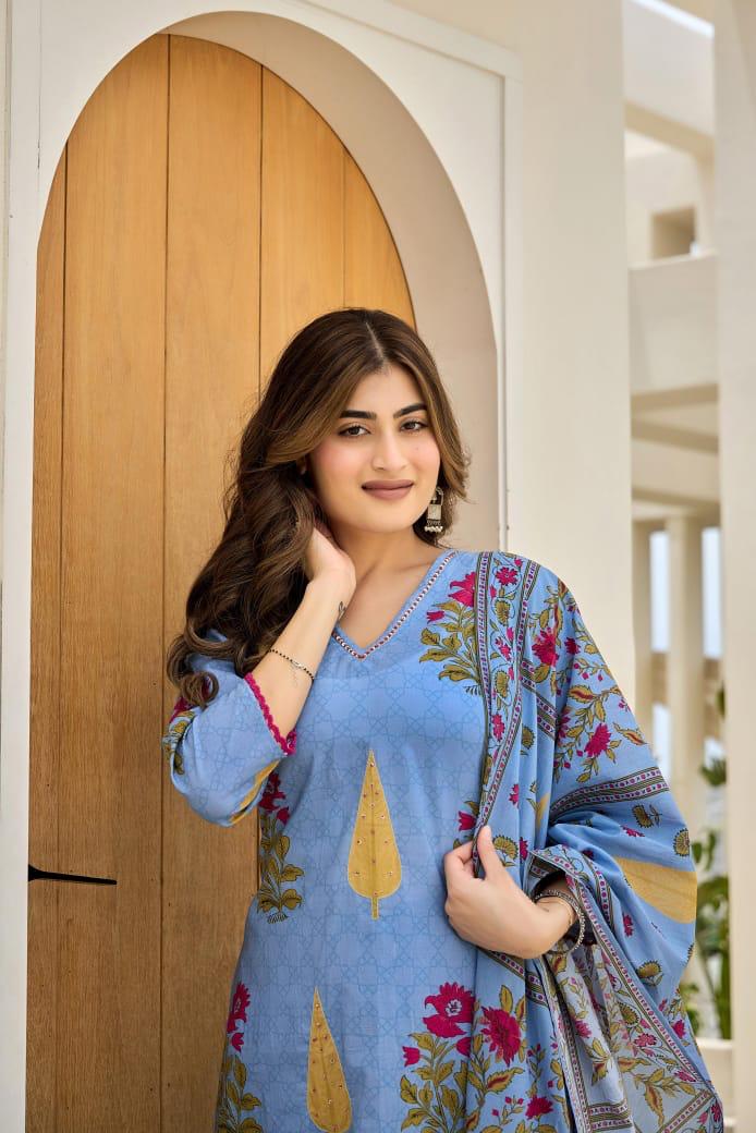 Elegant Blue Floral Printed Cotton Kurta Set for Women | Soft Summer Ethnic Wear | Festive & Casual Suit with Dupatta