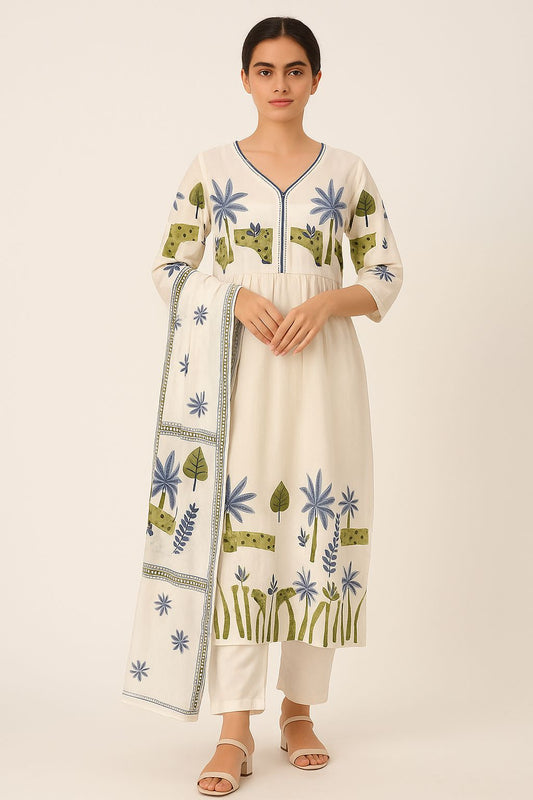 Elegant Hand-Block Printed Cotton Kurti Set for Women – Off-White with Nature Motifs