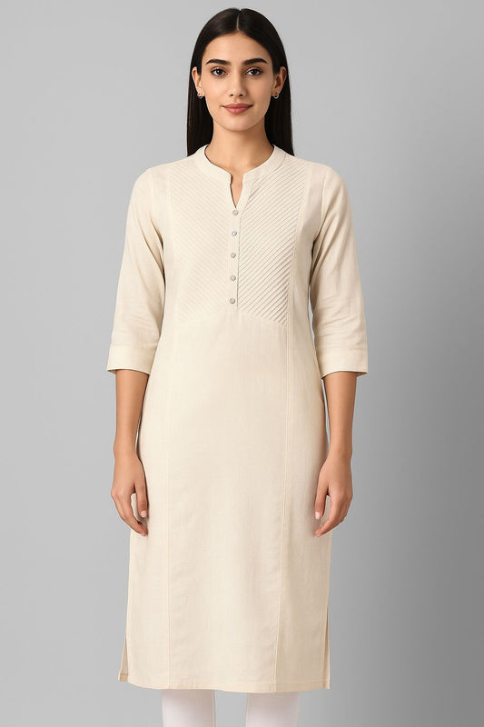 Women's Cream Cotton Kurti – Elegant Solid Straight Kurta with Pintuck Yoke