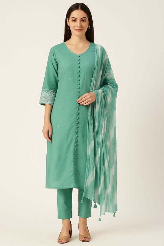 Solid Kurti Set with Embroidered Sleeves & Tie-Dye Dupatta – Graceful Festive Wear