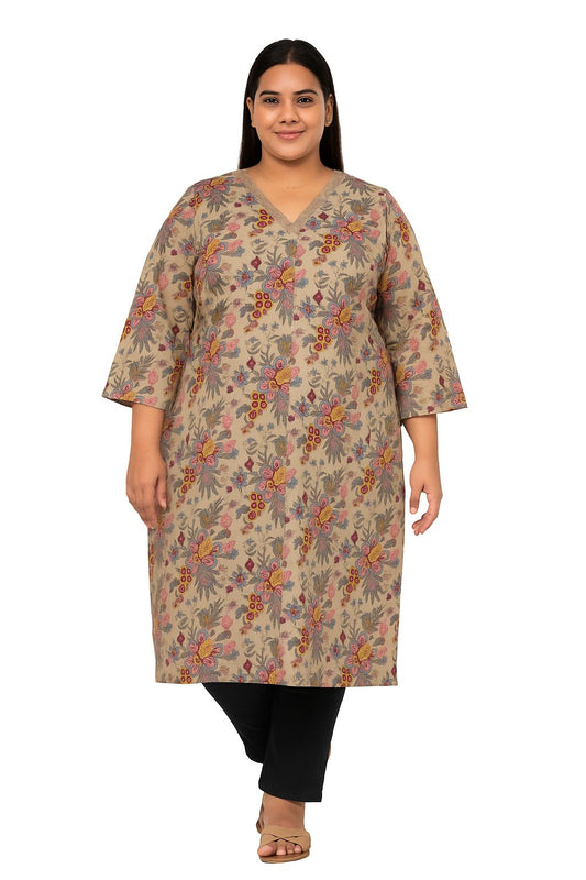Beige Floral Print Cotton Kurti for Women – Elegant V-Neck Ethnic Straight Kurta