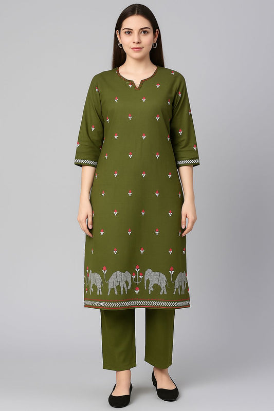 Elegant Olive Green Cotton Kurti Set with Elephant Embroidery | Ethnic Wear for Women