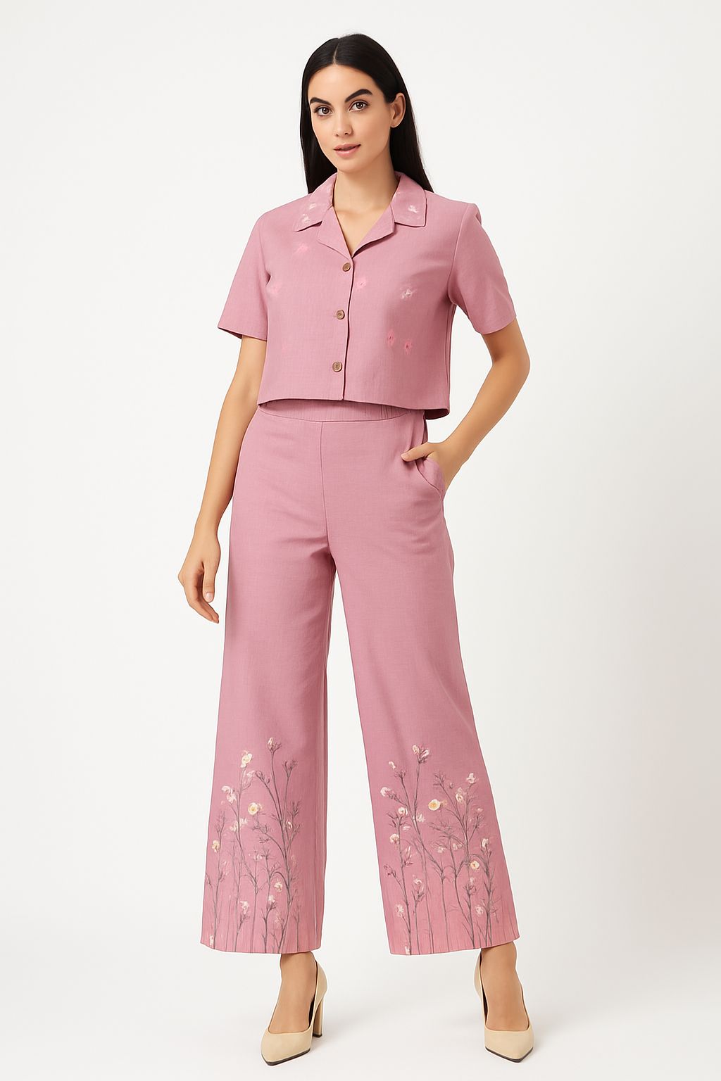 Dusty Rose Pure Cotton Co-ord Set with Floral Embroidery