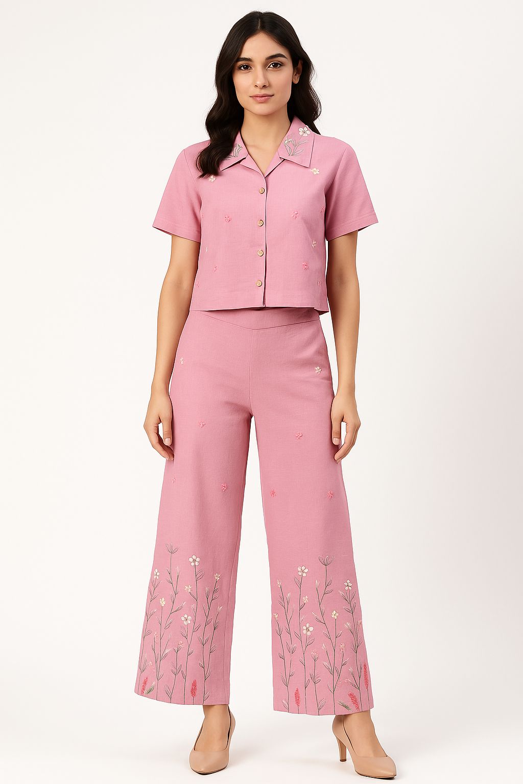 Dusty Rose Pure Cotton Co-ord Set with Floral Embroidery