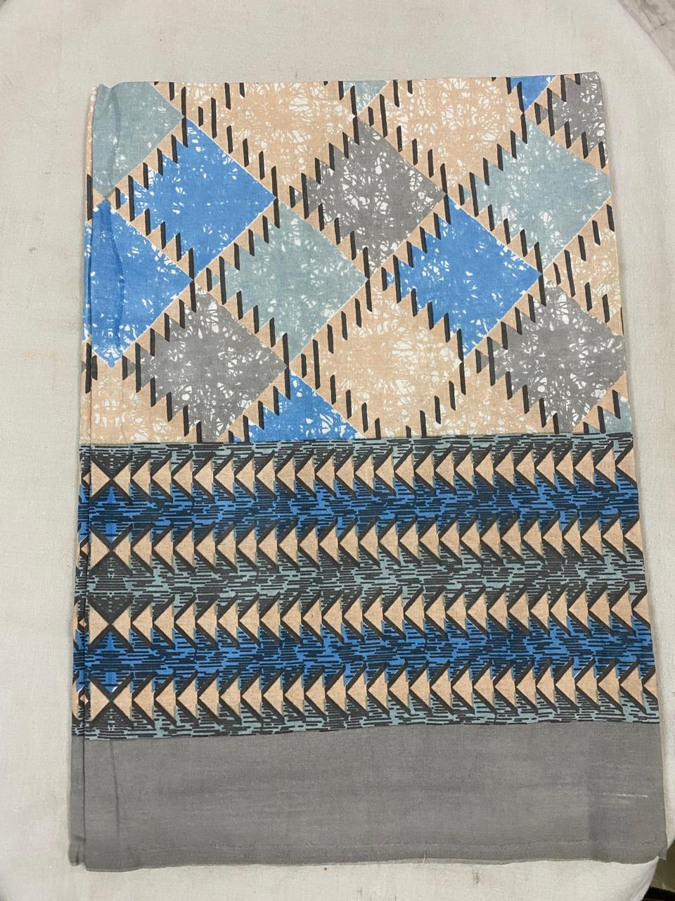 Premium Cotton Double Bedsheet with Pillow Covers – Geometric Blue & Beige Print