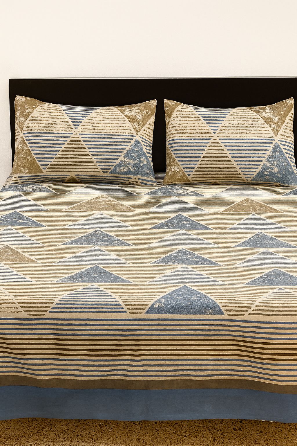 Beige & Blue Cotton Double Bedsheet Set – Elegant Triangle Stripe Design with Pillow Covers