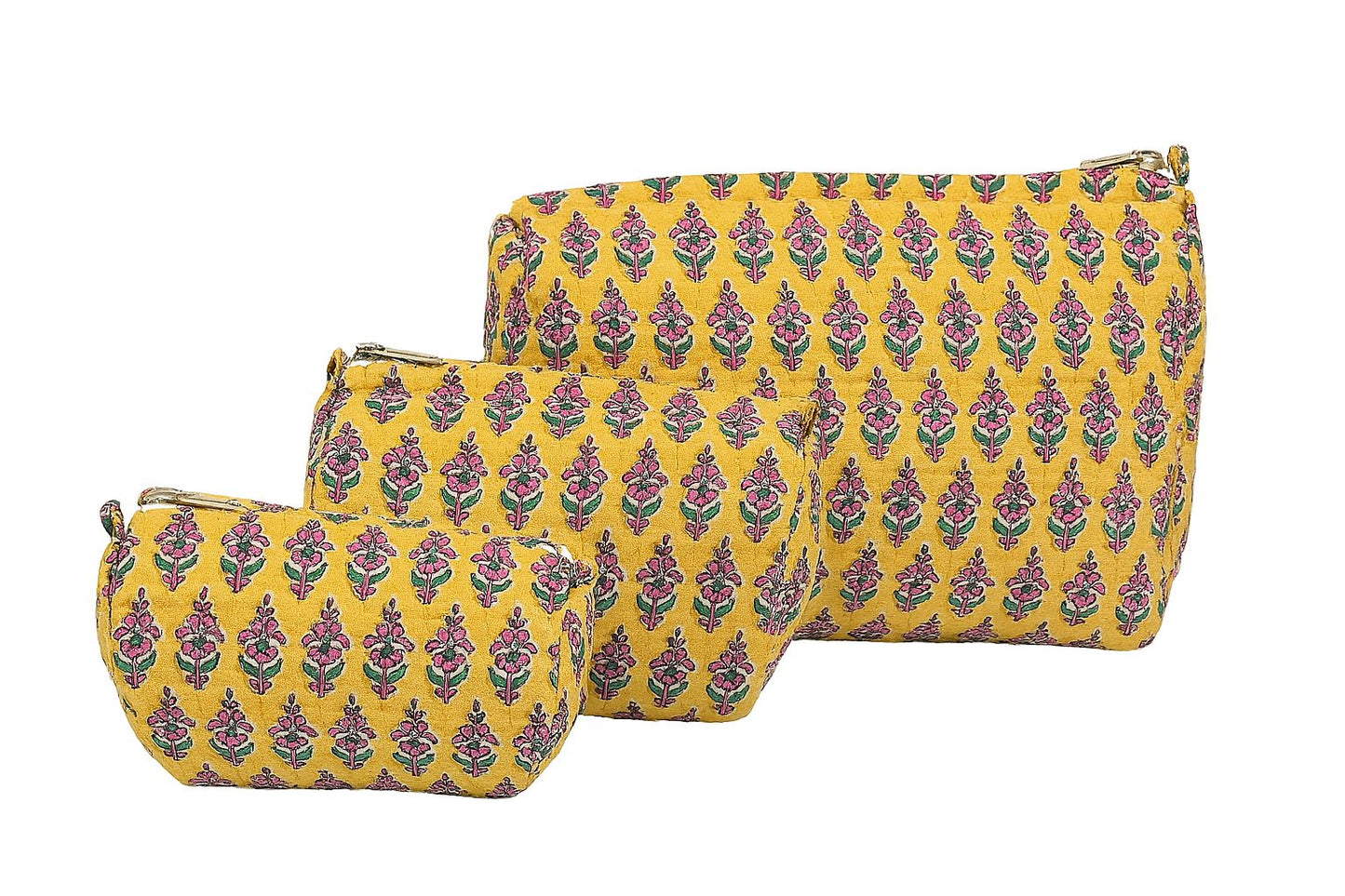 Floral Hand Block Printed Quilted Pouch Set – Set of 3 in Vibrant Yellow | Travel & Makeup Organizer