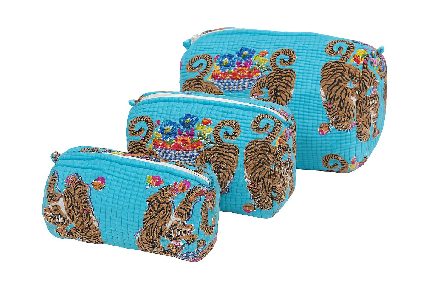 Vibrant Tiger & Floral Quilted Cotton Pouch Set – Set of 3 | Travel, Makeup & Utility Organizers