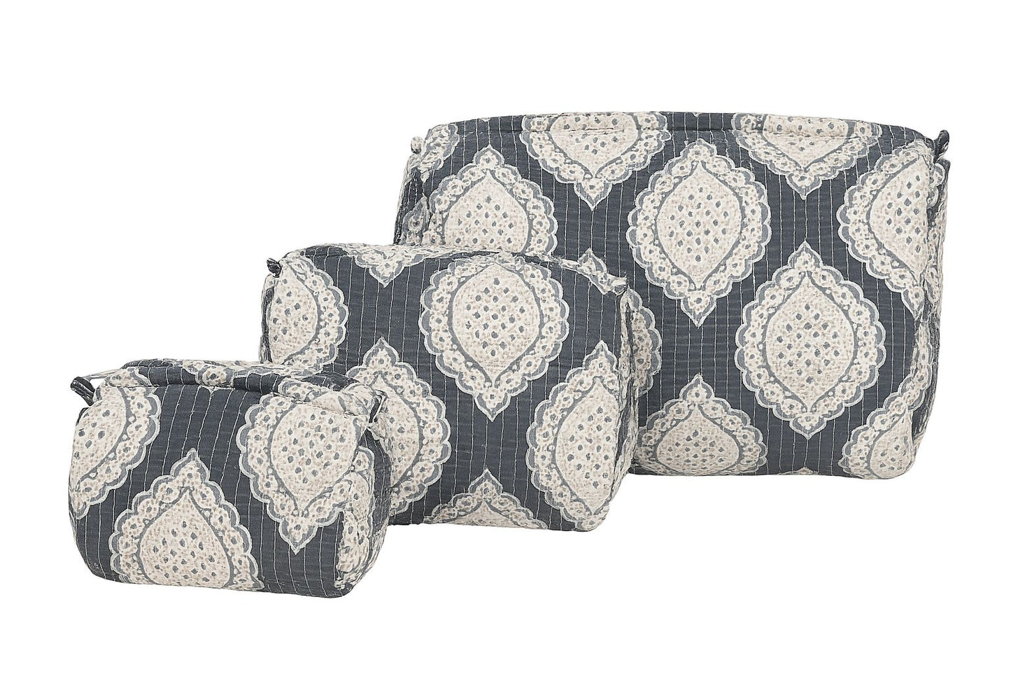 Classic Grey & Ivory Quilted Cotton Pouch Set – Set of 3 | Handcrafted Travel & Makeup Organizers
