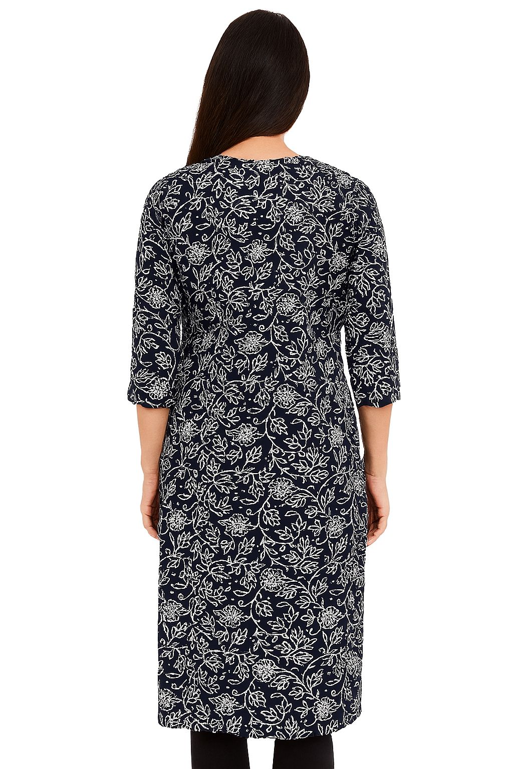 Navy Blue Cotton Printed Straight Kurti for Women – Elegant Floral Design | 3/4 Sleeves