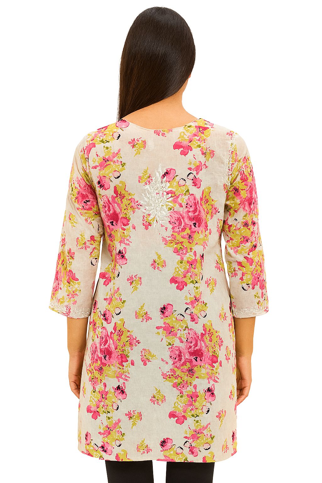 Floral Printed Short Kurti for Women – Pink & White Cotton Blend Tunic | 3/4 Sleeves