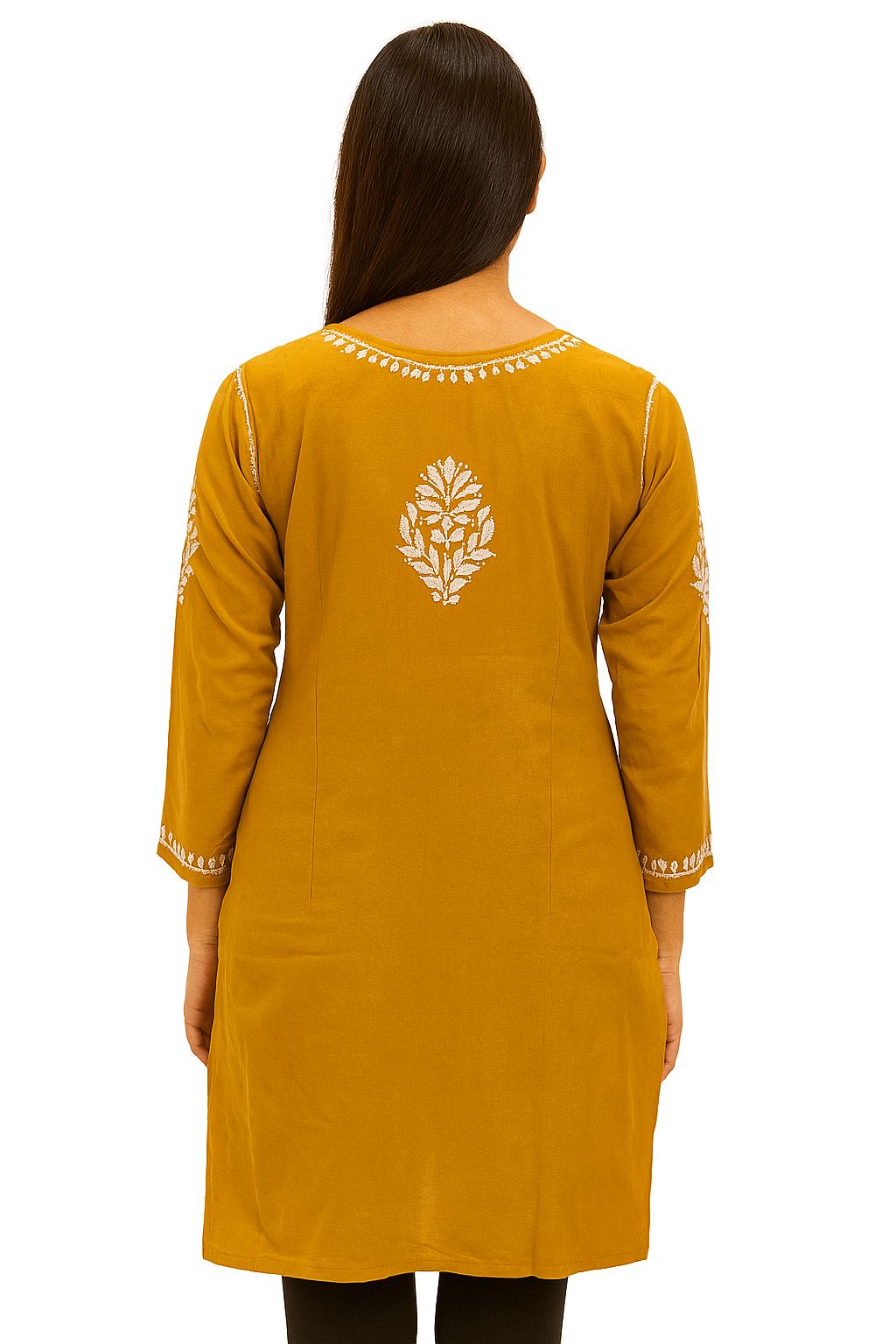 Mustard Yellow Cotton Embroidered Short Kurti for Women – Elegant White Thread Work | 3/4 Sleeves
