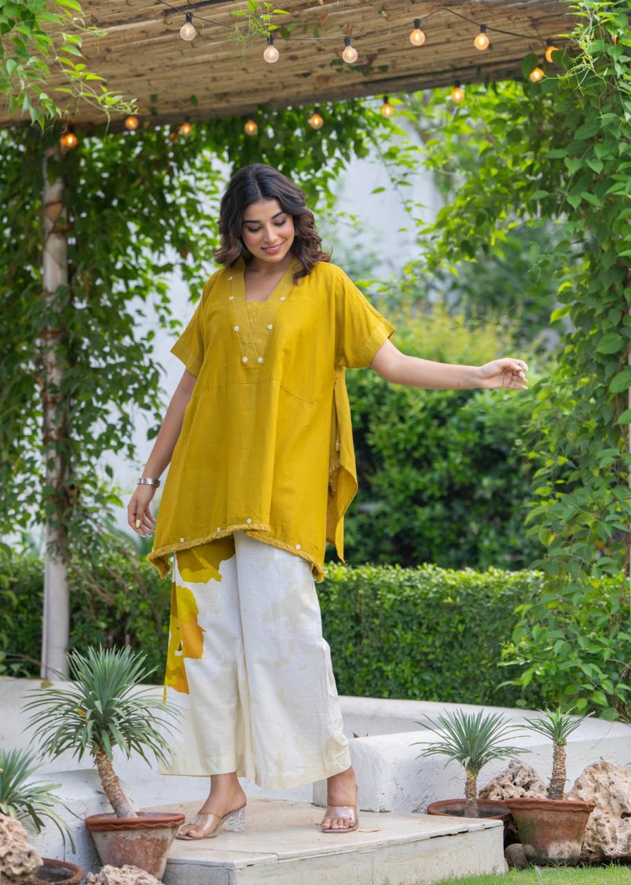 Mustard Khadi Cotton Co-Ord Set with Hand Embroidery & Floral Pants – Natural Fab