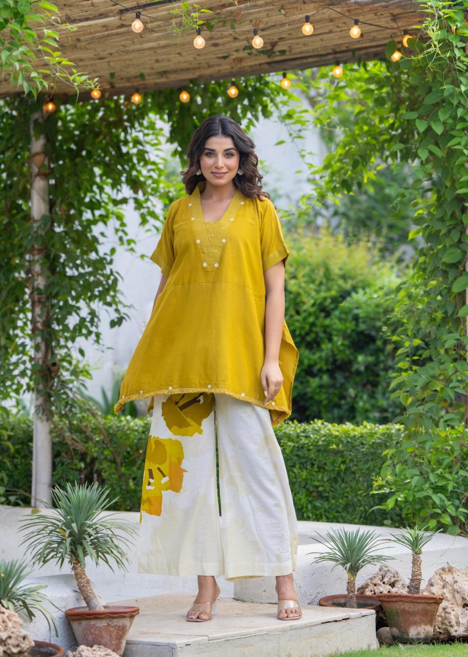 Mustard Khadi Cotton Co-Ord Set with Hand Embroidery & Floral Pants – Natural Fab