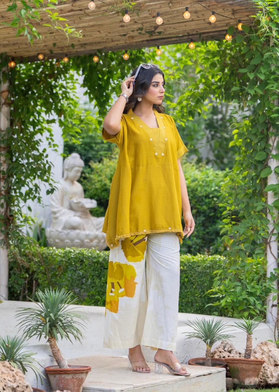 Mustard Khadi Cotton Co-Ord Set with Hand Embroidery & Floral Pants – Natural Fab