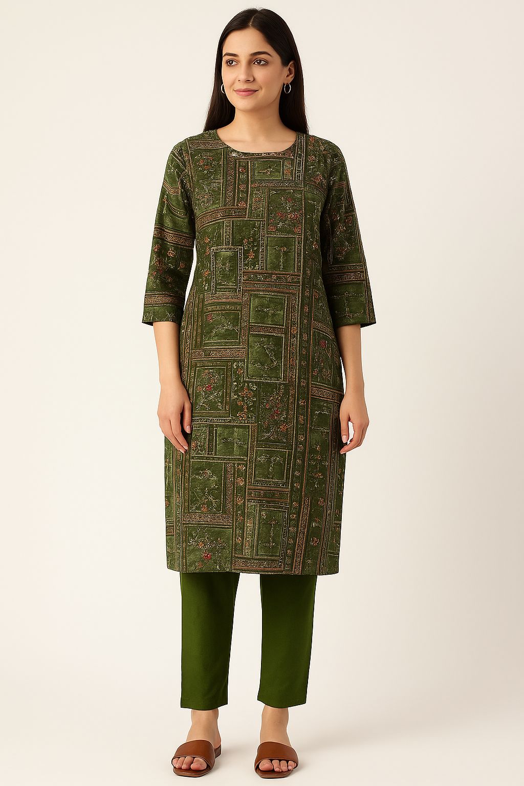 Olive Green Khata Work Cotton Kurti Set with Straight Pants – Natural Fab