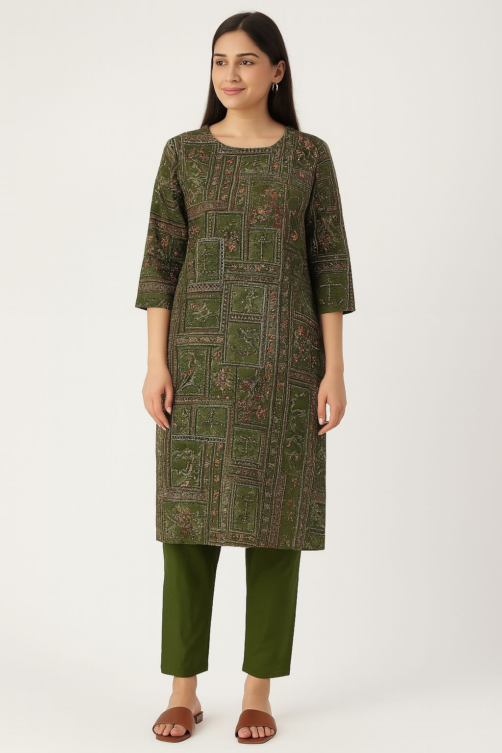 Olive Green Khata Work Cotton Kurti Set with Straight Pants – Natural Fab