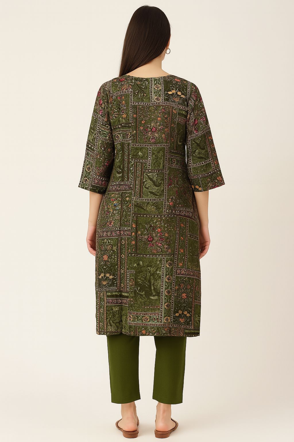 Olive Green Khata Work Cotton Kurti Set with Straight Pants – Natural Fab