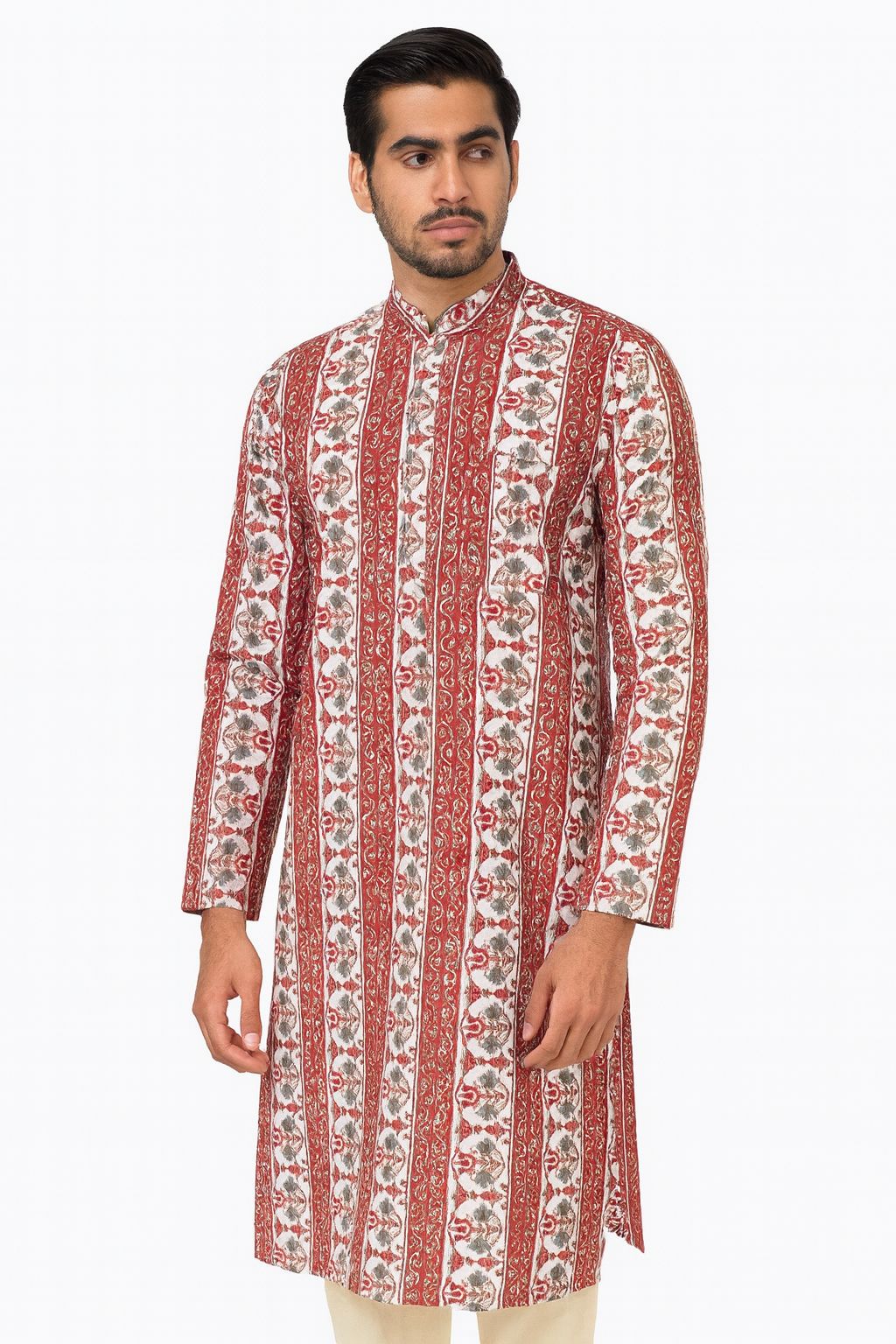 Men's Handblock Printed Long Cotton Kurta – Red & White Vertical Floral Stripe Pattern