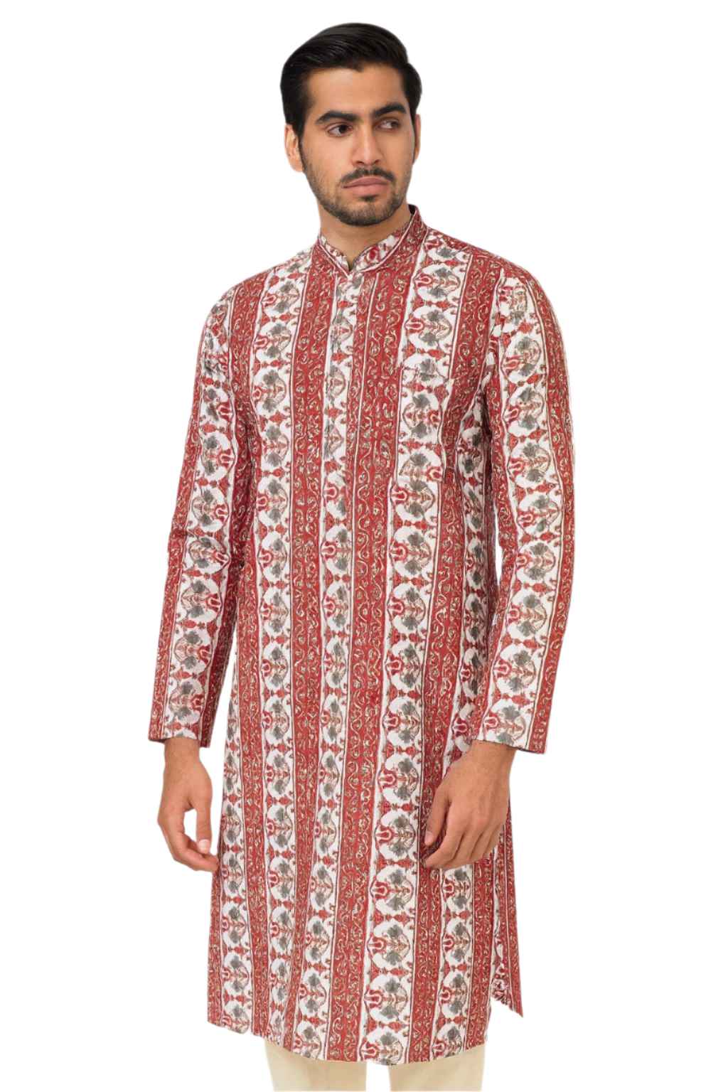 Men's Handblock Printed Long Cotton Kurta – Red & White Vertical Floral Stripe Pattern