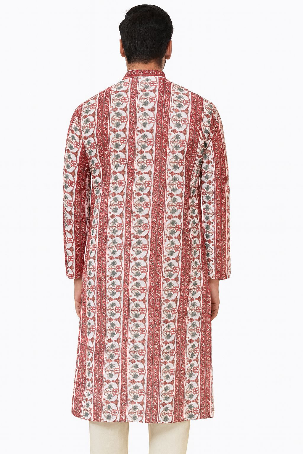 Men's Handblock Printed Long Cotton Kurta – Red & White Vertical Floral Stripe Pattern
