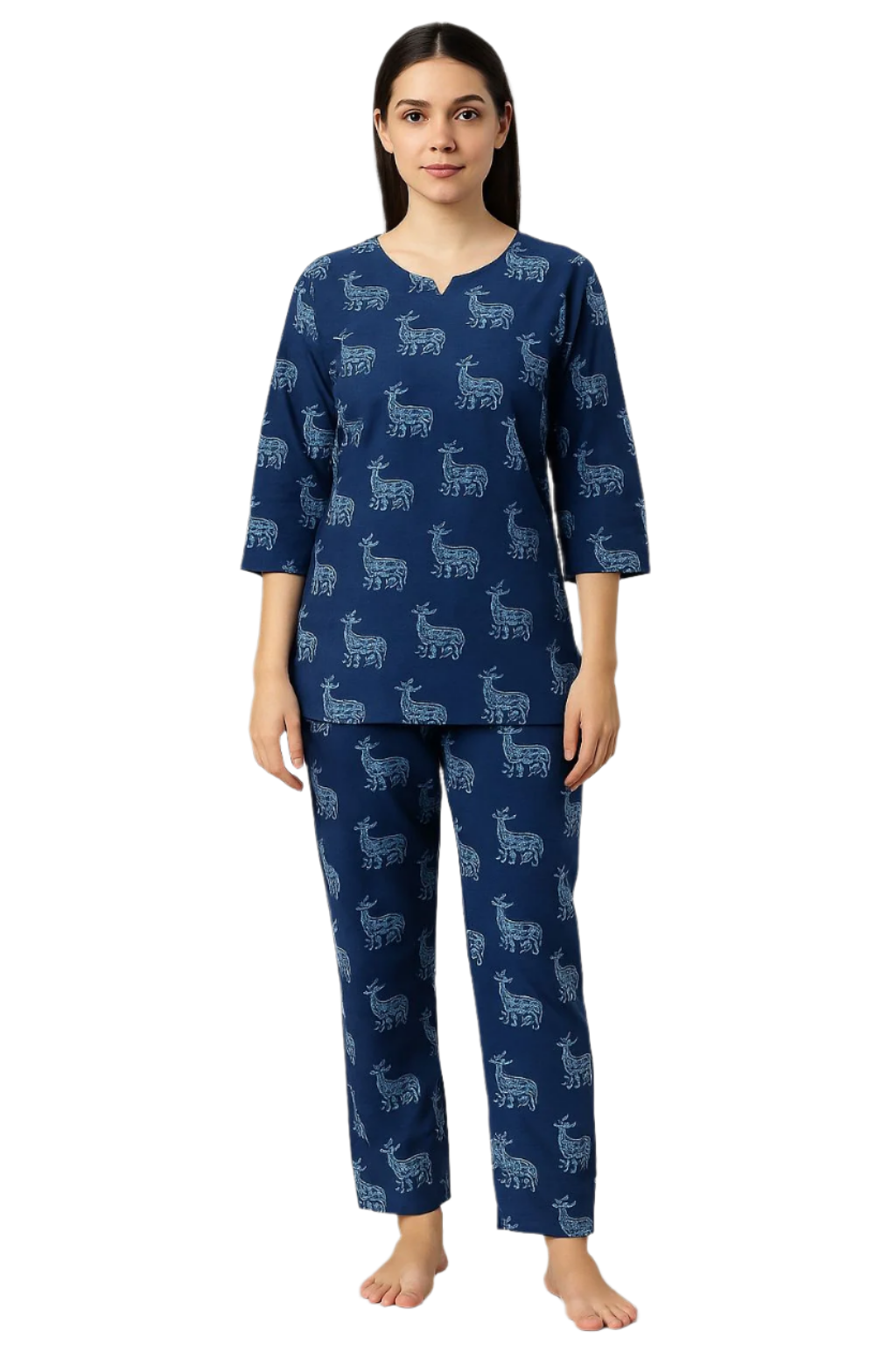 Women's Cotton Night Suit Set – Navy Blue with Handblock Deer Print