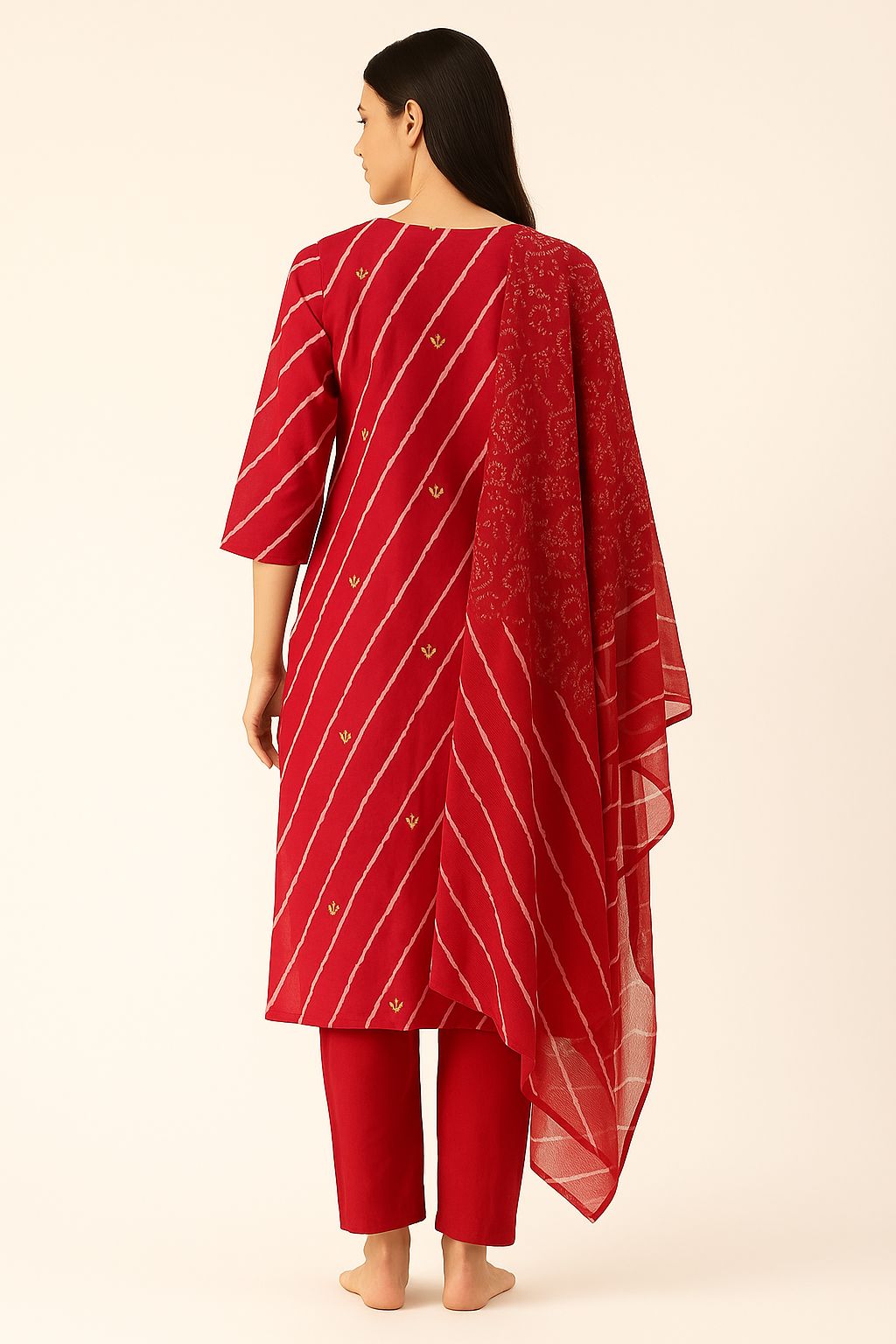 Red Bandhej-Inspired Embroidered Cotton Kurti Set with Dupatta