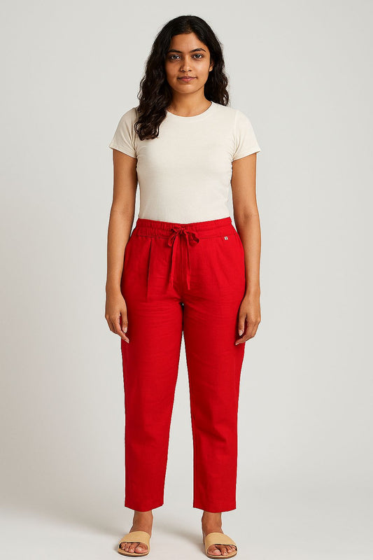 Bold Red Pure Cotton Casual Pants for Women
