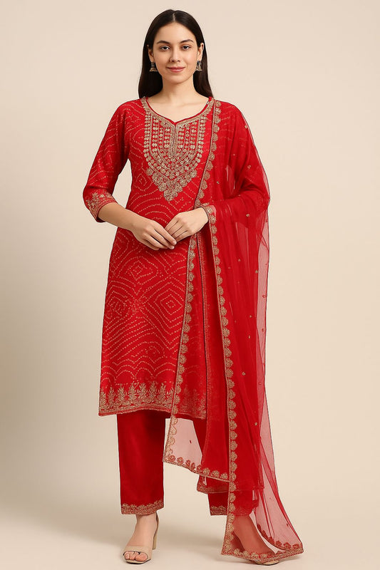 Royal Red Embroidered Festive Kurti Set with Net Dupatta