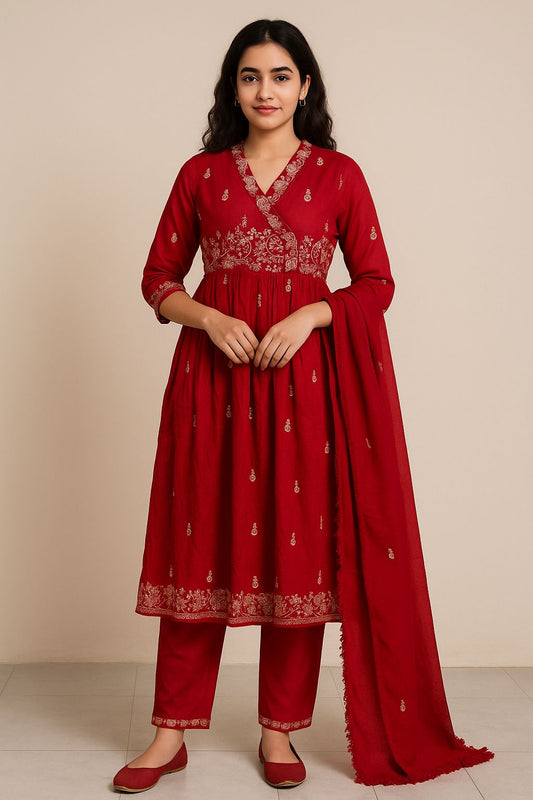 Maroon Anarkali Kurti Set with Elegant Embroidery & Dupatta