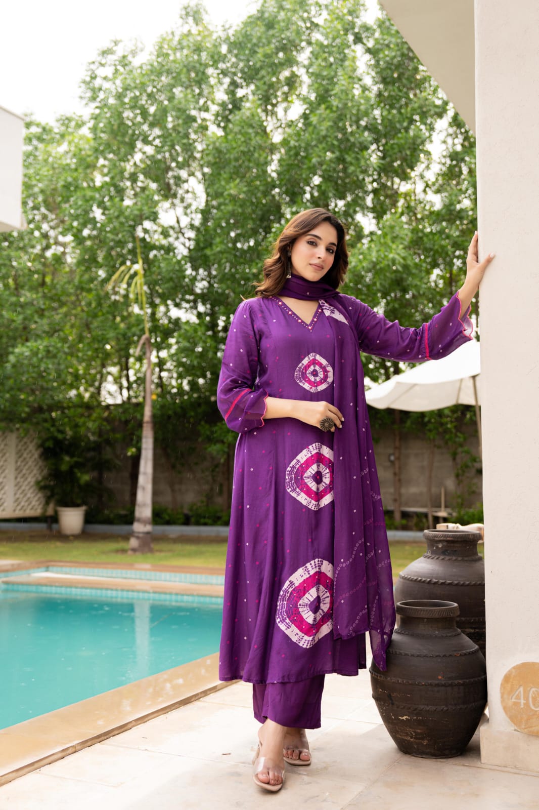 Purple Shibori Print Women’s Kurta Set with Dupatta