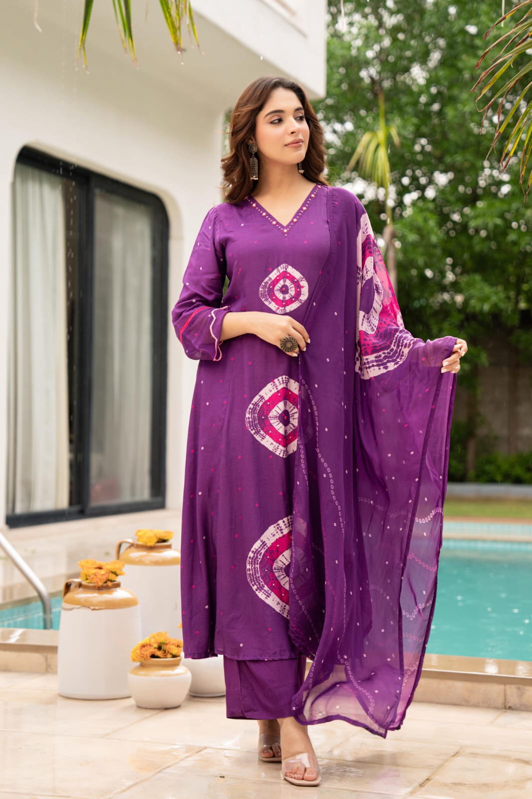 Purple Shibori Print Women’s Kurta Set with Dupatta
