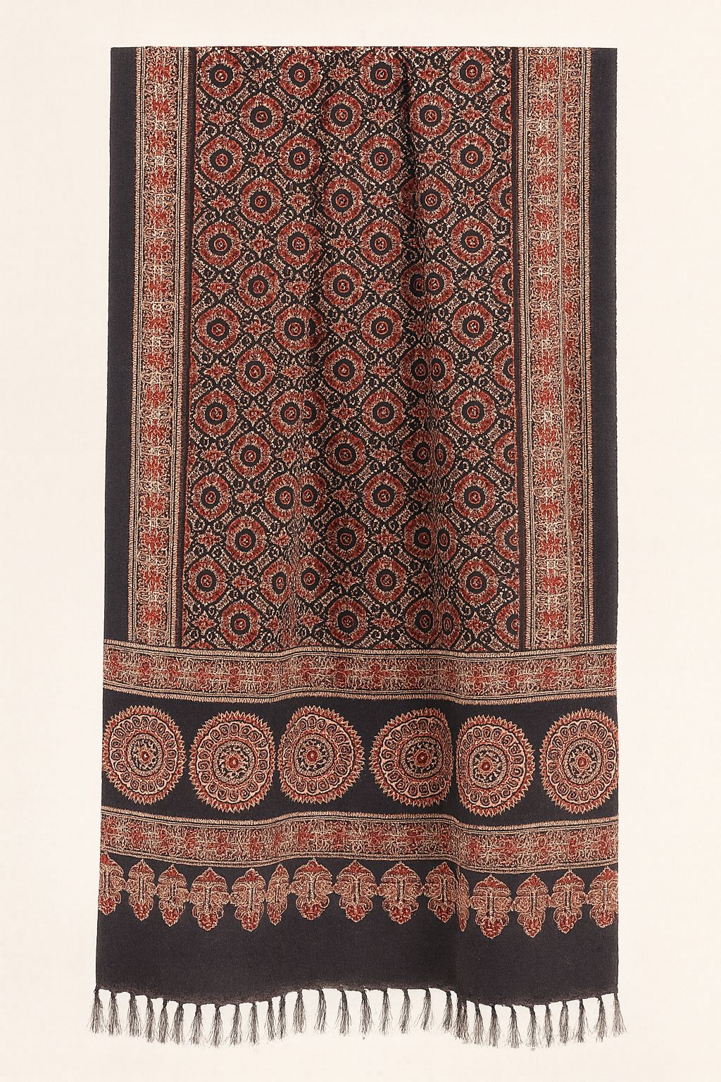 Handcrafted Black Ajrakh Silk Stole | Traditional Circular Motif Tassels