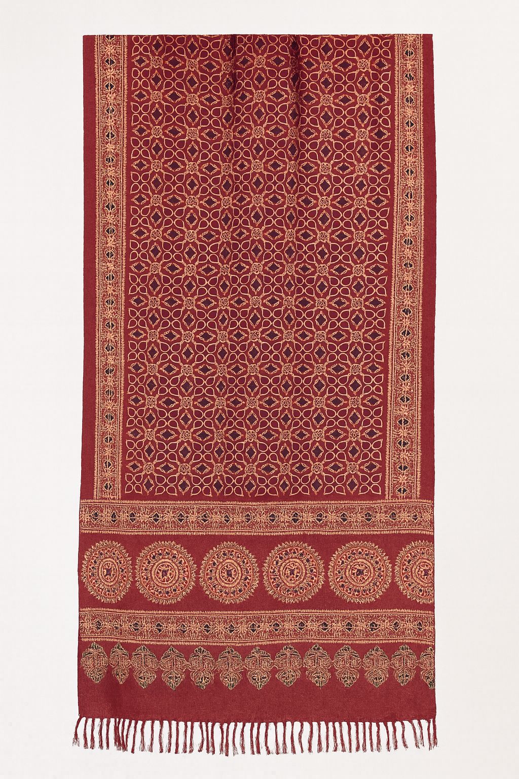 Handcrafted Red Ajrakh Silk Stole | Traditional Circular Motifs & Tassel Detailing