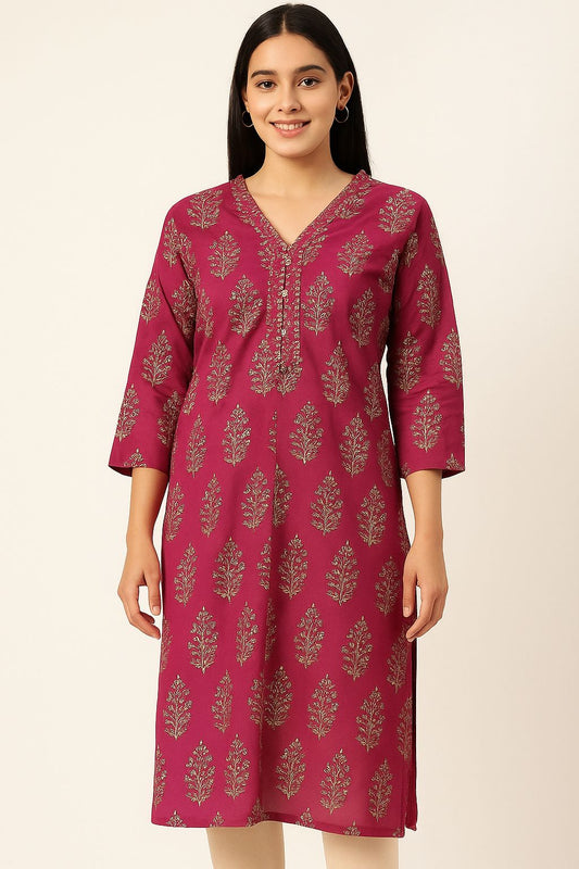 Women’s Pink Cotton Printed Straight Kurti with V-Neck & 3/4 Sleeves