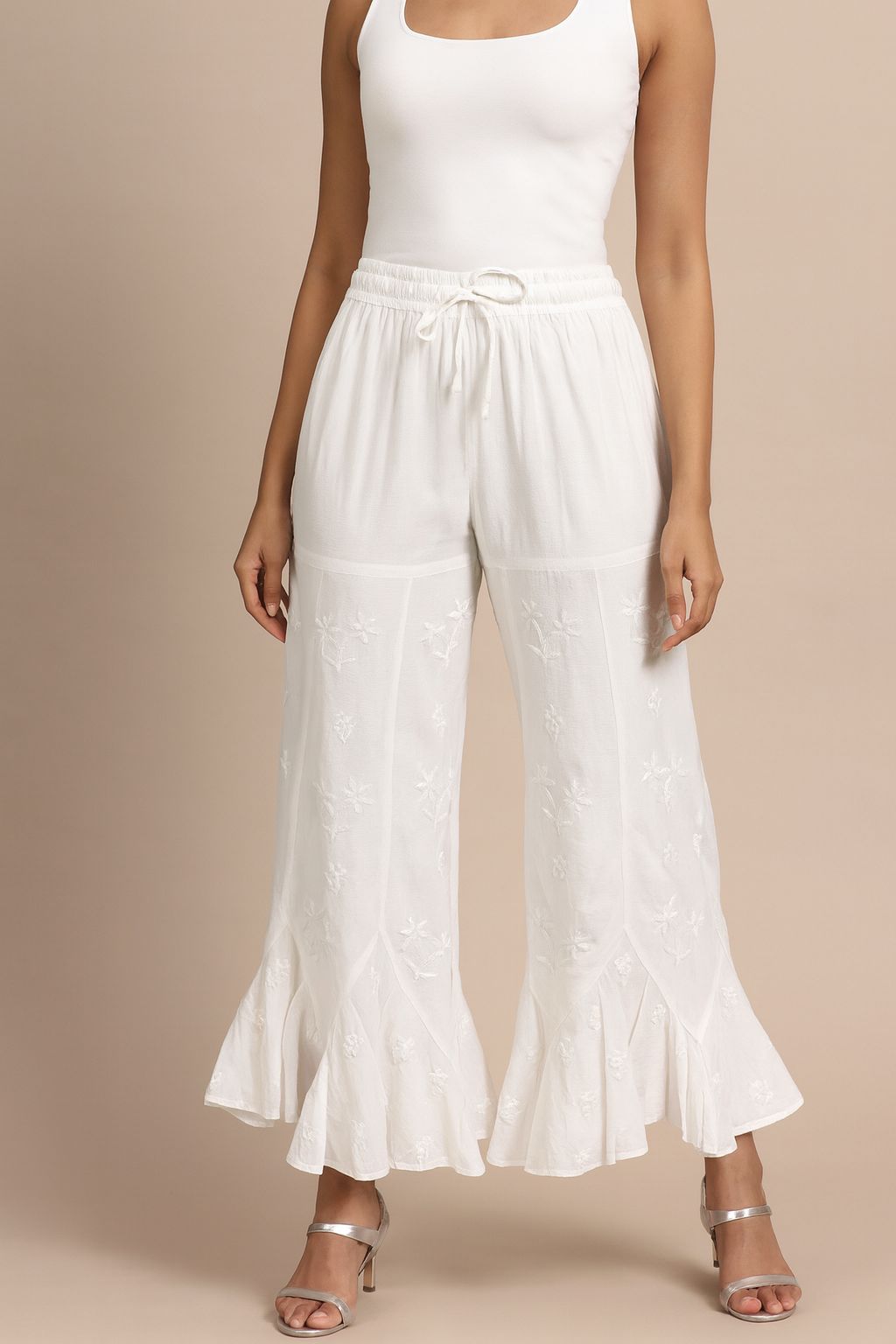 Women’s White Chikankari Sharara Pants – Embroidered Flared Palazzo with Drawstring Waist