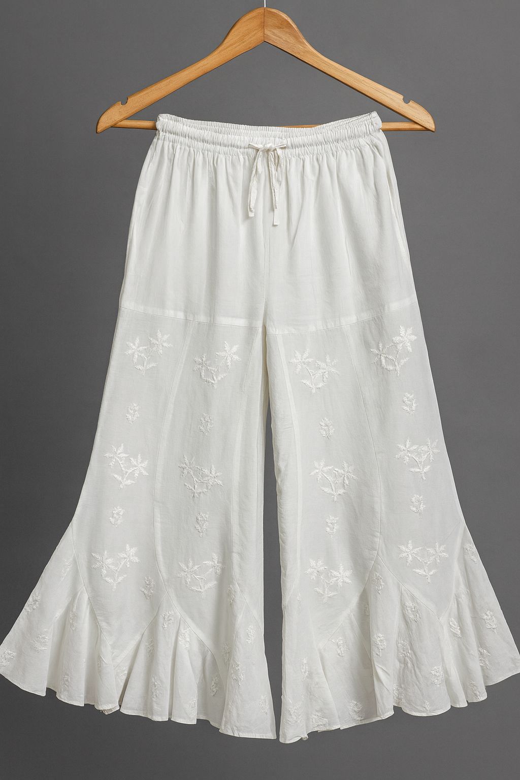 Women’s White Chikankari Sharara Pants – Embroidered Flared Palazzo with Drawstring Waist