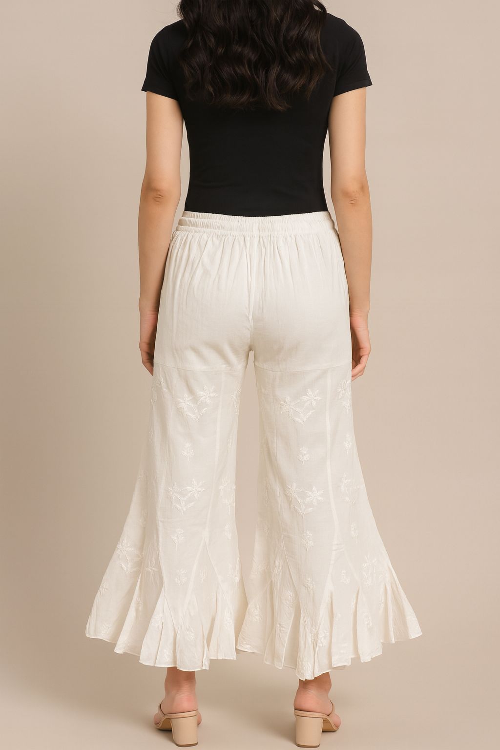 Women’s White Chikankari Sharara Pants – Embroidered Flared Palazzo with Drawstring Waist