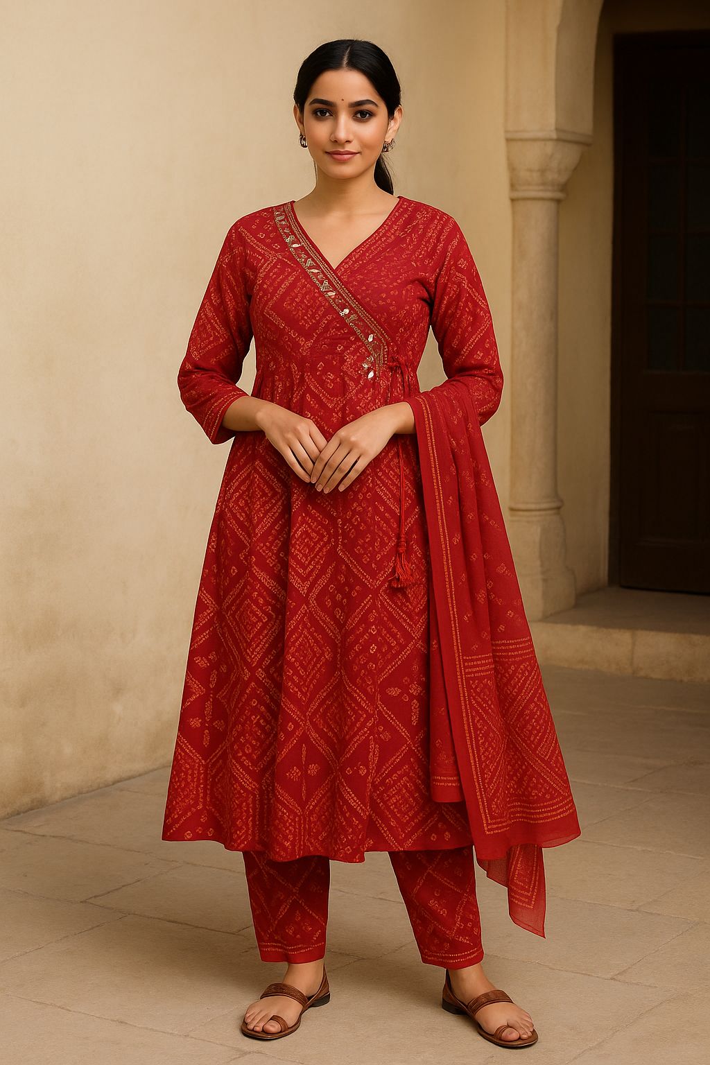 Women’s Red Printed Anarkali Kurti Set with Dupatta – Ethnic Cotton Suit for Festive & Casual Wear