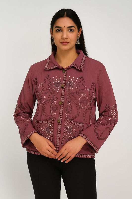 Women’s Maroon Embroidered Jacket – Ethnic Button-Down Short Jacket with Mirror Work