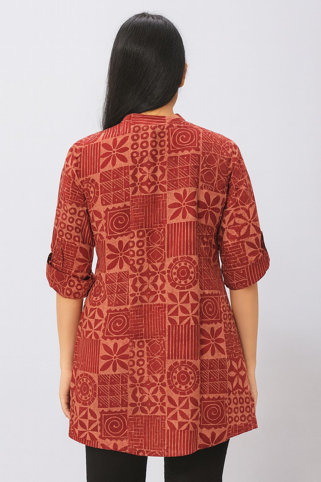 Women’s Maroon Rayon Short Kurti – Geometric Printed Button-Down Tunic for Daily & Office Wear