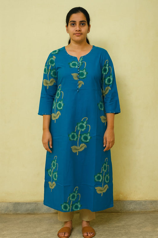 Women’s Blue Cotton Kurti – Floral Printed Straight Fit with Round Neck and 3/4th Sleeves